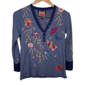 Johnny Was Aria Blue Floral Embroidered Thermal Henley Women Size PXS